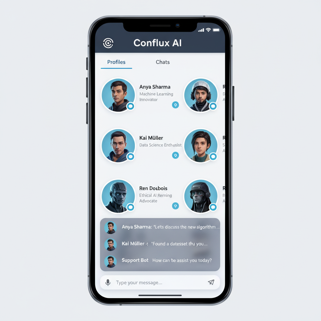 Conflux AI app interface showing profile cards and chat features in a clean, modern design