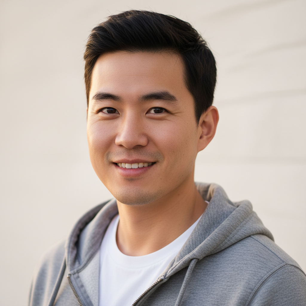 Professional headshot portrait of a Korean American man in his mid 20s, software developer, warm natural lighting, soft neutral off-white background, casual hoodie or tshirt, genuine relaxed smile, looking directly at camera
