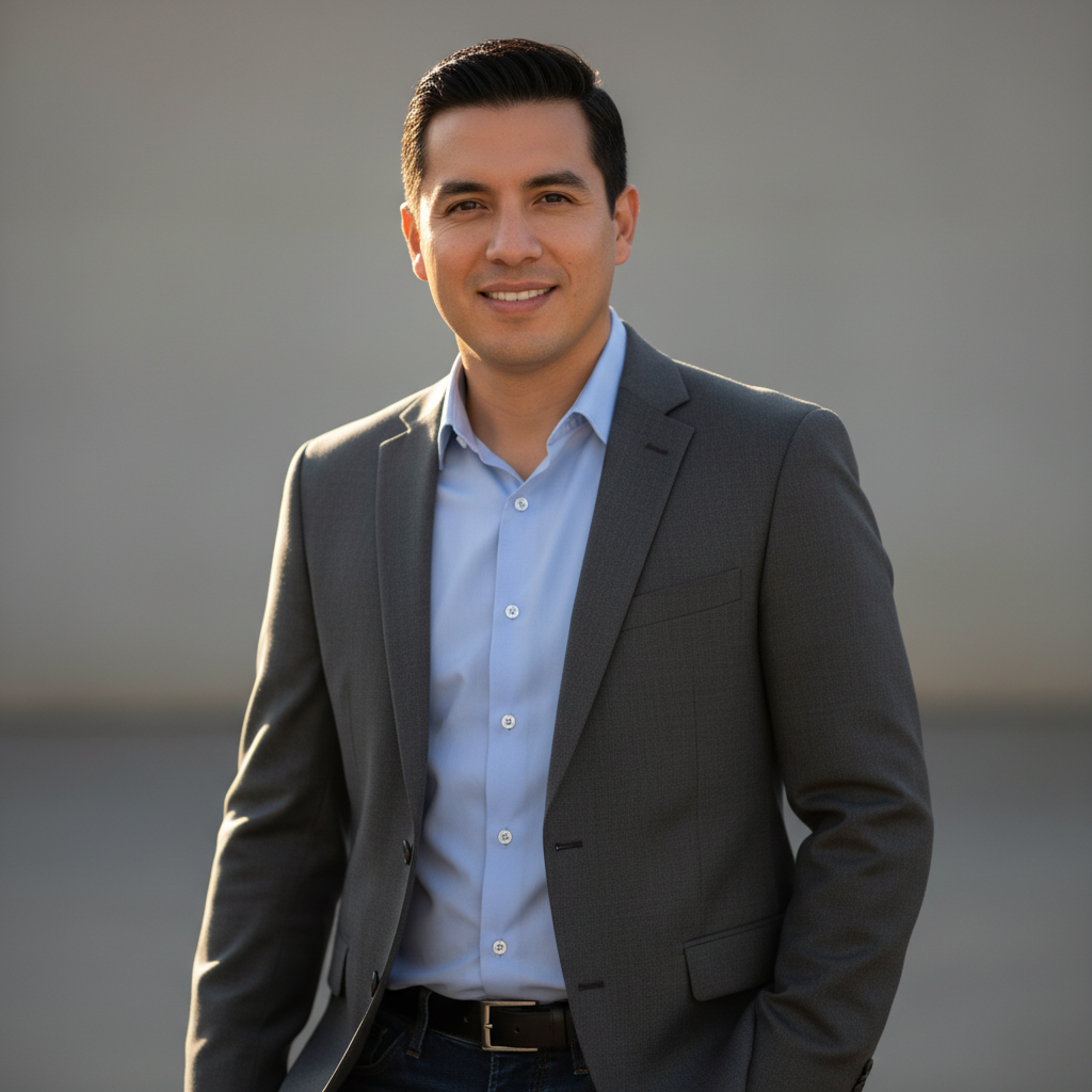 Professional headshot portrait of a Hispanic man in his early 30s, tech founder, warm natural lighting, soft neutral gray background, smart casual business attire, confident friendly expression, looking directly at camera