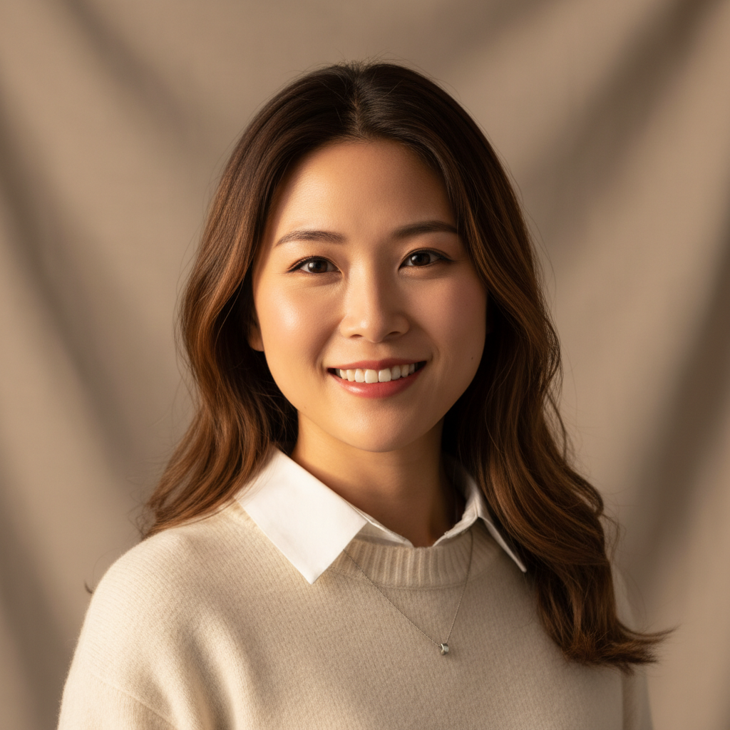 Professional headshot portrait of an Asian woman in her late 20s, product designer, warm natural lighting, soft neutral beige background, casual smart attire, friendly approachable smile, looking directly at camera